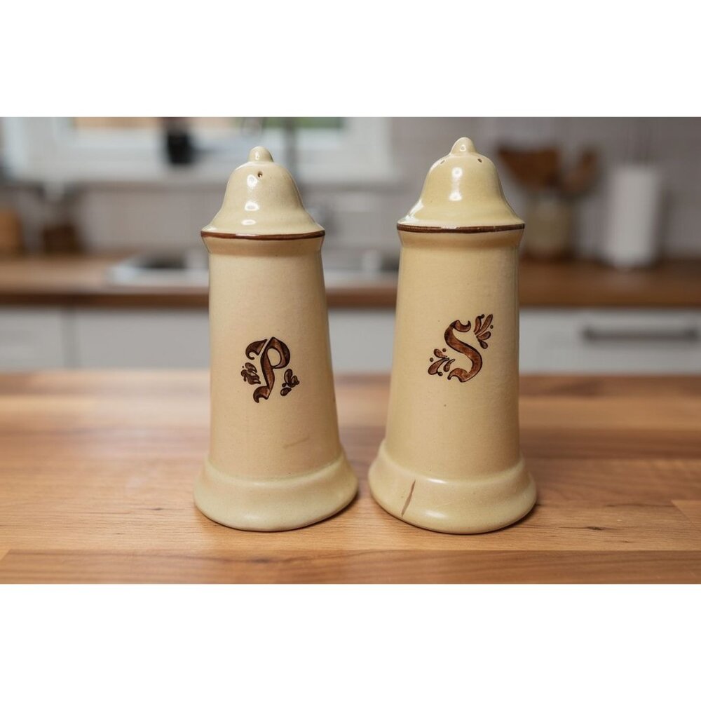 Vintage 1970's Pfaltzgraff Village Beige and Brown Salt and Pepper Shakers 5.75"